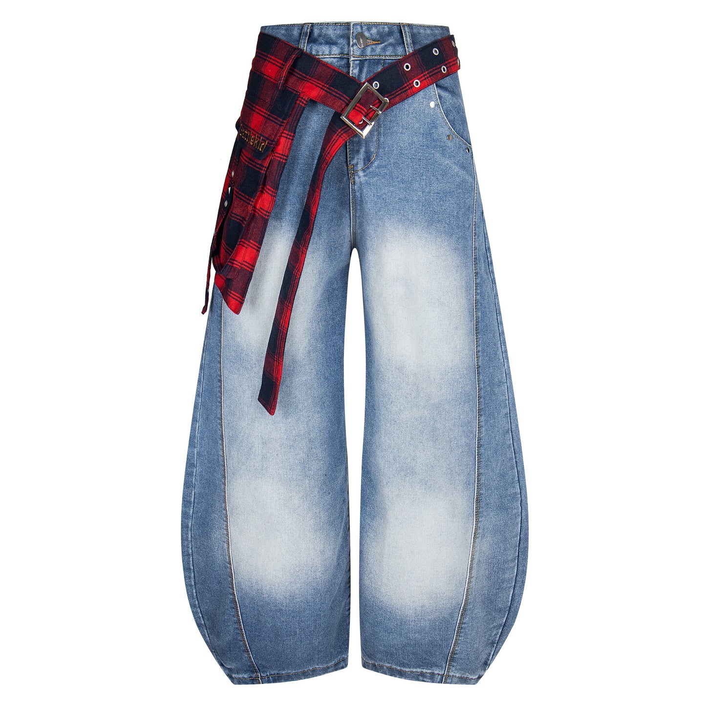 Plaid Reign | Wide-Leg Denim Trousers with Flannel Accent - Santo 