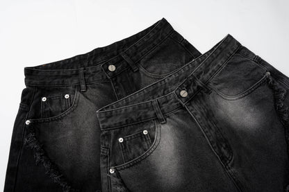 Washed Distressed Raw Edge Barrel Jeans