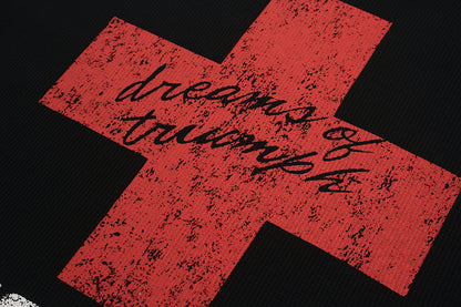 Oversized Red Cross Graphic Streetwear T-Shirt