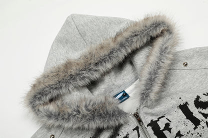 Graffiti Print Faux Fur | Zip Up Hoodie - Santo 