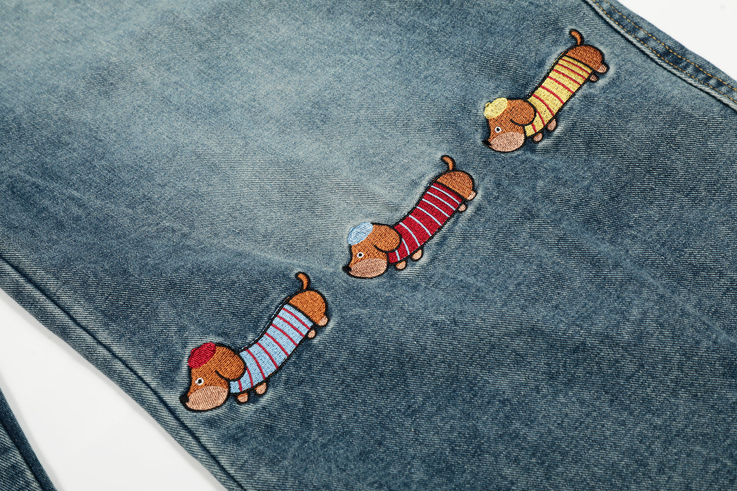 Pup Parade | Playful Dog Embroidered Denim Pants - Santo 