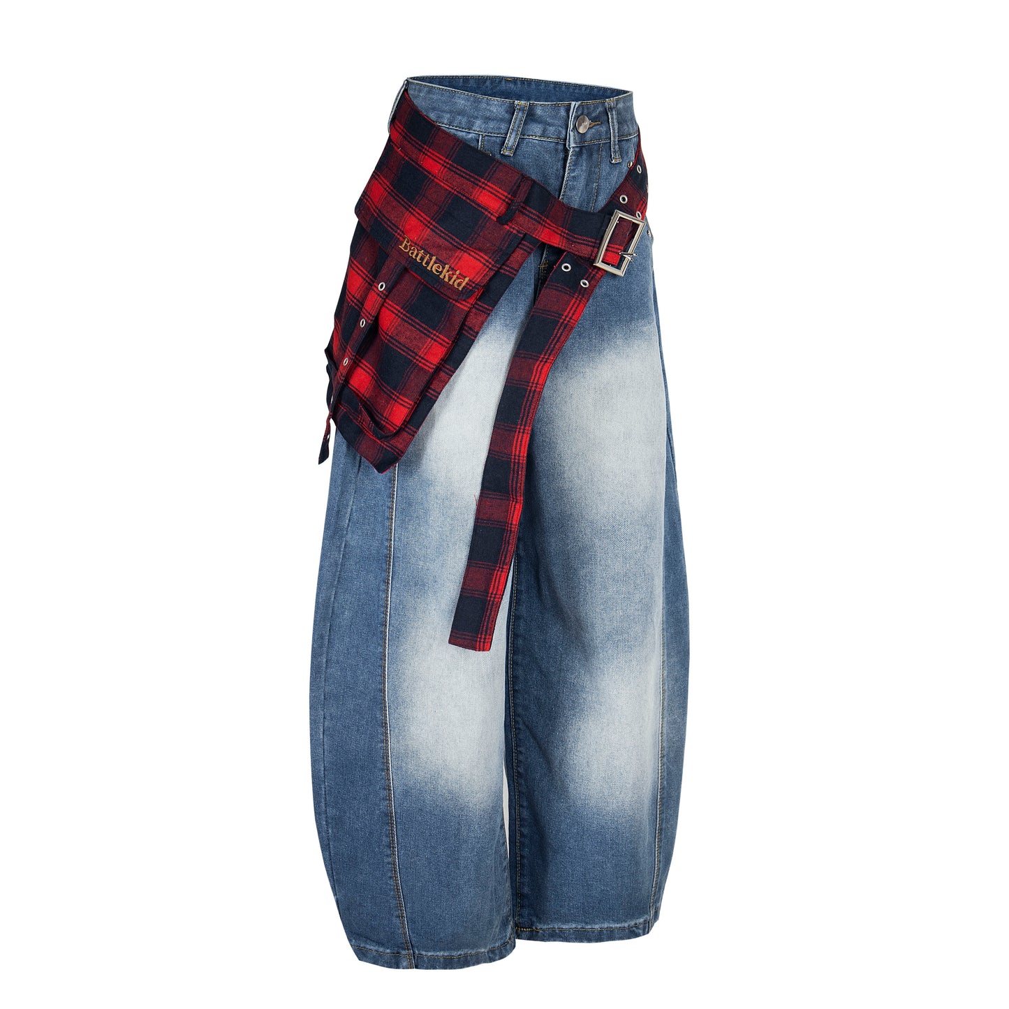 Plaid Reign | Wide-Leg Denim Trousers with Flannel Accent - Santo 
