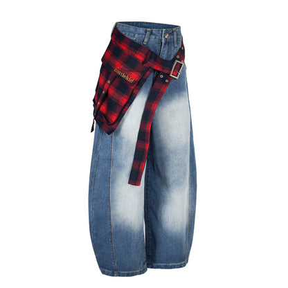 Plaid Reign | Wide-Leg Denim Trousers with Flannel Accent - Santo 