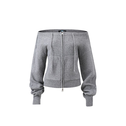 Offtrack Zip | Off-Shoulder Knit Hoodie