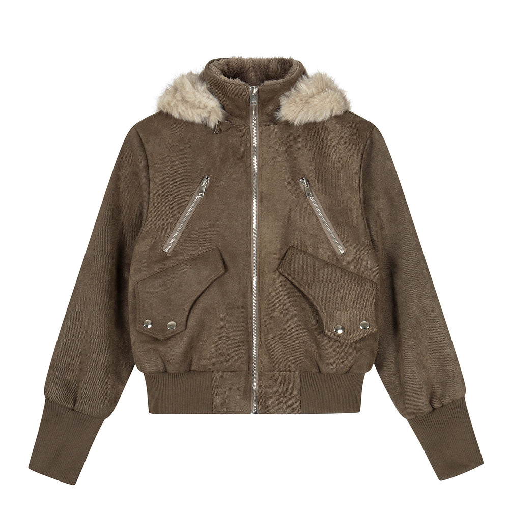 Urban Luxe | Bomber Jacket with Faux Fur Trim Brown - Santo 