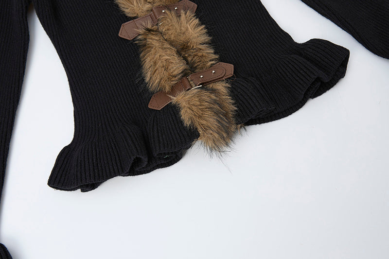 Buckled Fur | Knit Cardigan with Faux Trim