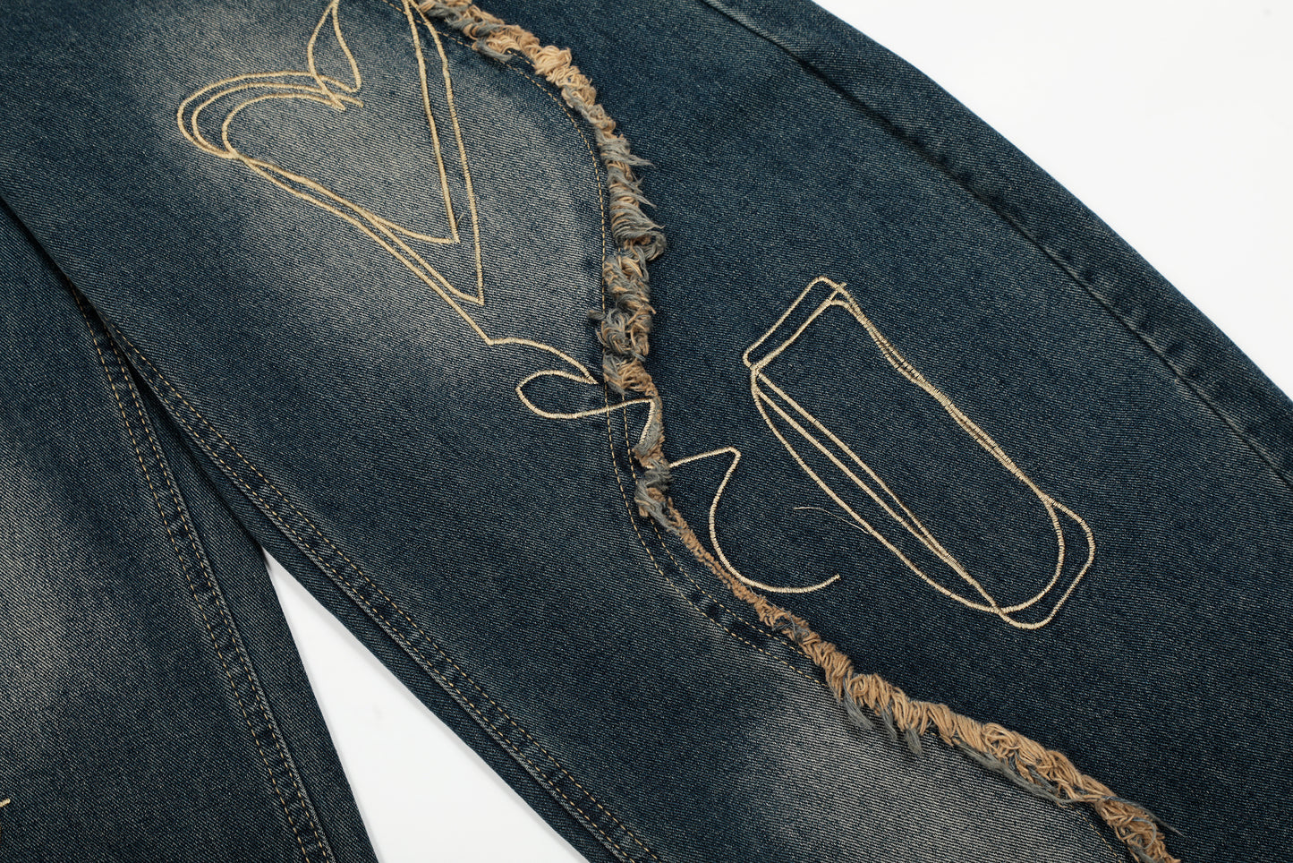 Vintage Embroidered Washed Raw-Edge Graffiti Scimitar Jeans