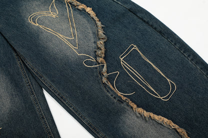 Vintage Embroidered Washed Raw-Edge Graffiti Scimitar Jeans