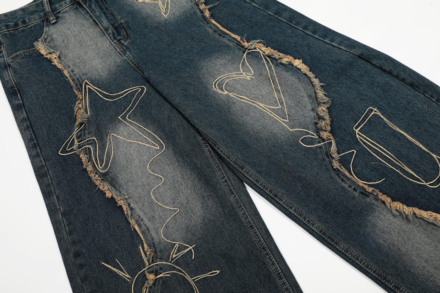 Vintage Embroidered Washed Raw-Edge Graffiti Scimitar Jeans