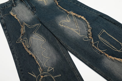 Vintage Embroidered Washed Raw-Edge Graffiti Scimitar Jeans