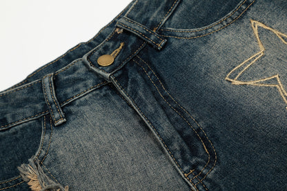 Vintage Embroidered Washed Raw-Edge Graffiti Scimitar Jeans