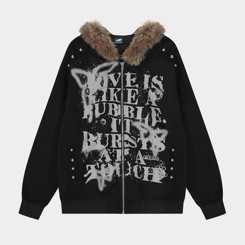 Graffiti Print Faux Fur | Zip Up Hoodie - Santo 