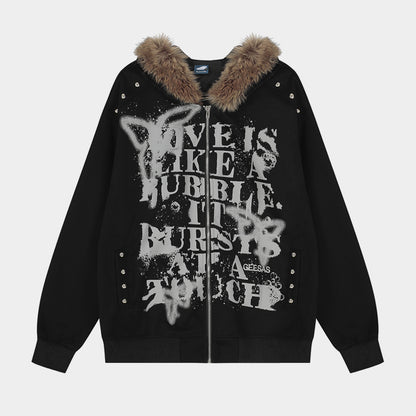 Graffiti Print Faux Fur | Zip Up Hoodie - Santo 