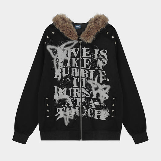 Graffiti Print Faux Fur | Zip Up Hoodie - Santo 
