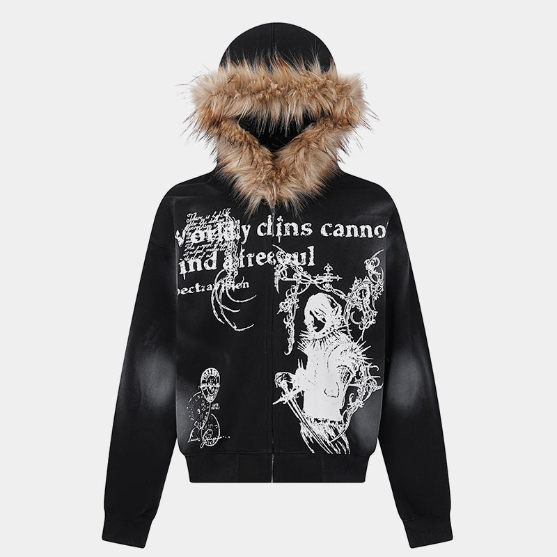 Gothic Distressed Print | Zip-Up Hoodie - Santo 
