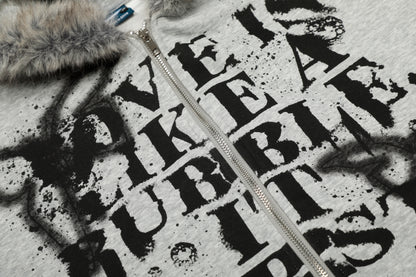 Graffiti Print Faux Fur | Zip Up Hoodie - Santo 