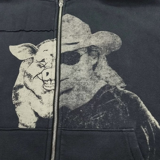 Cowboy Pig Print | Oversized Zip Up Hoodie - Santo 