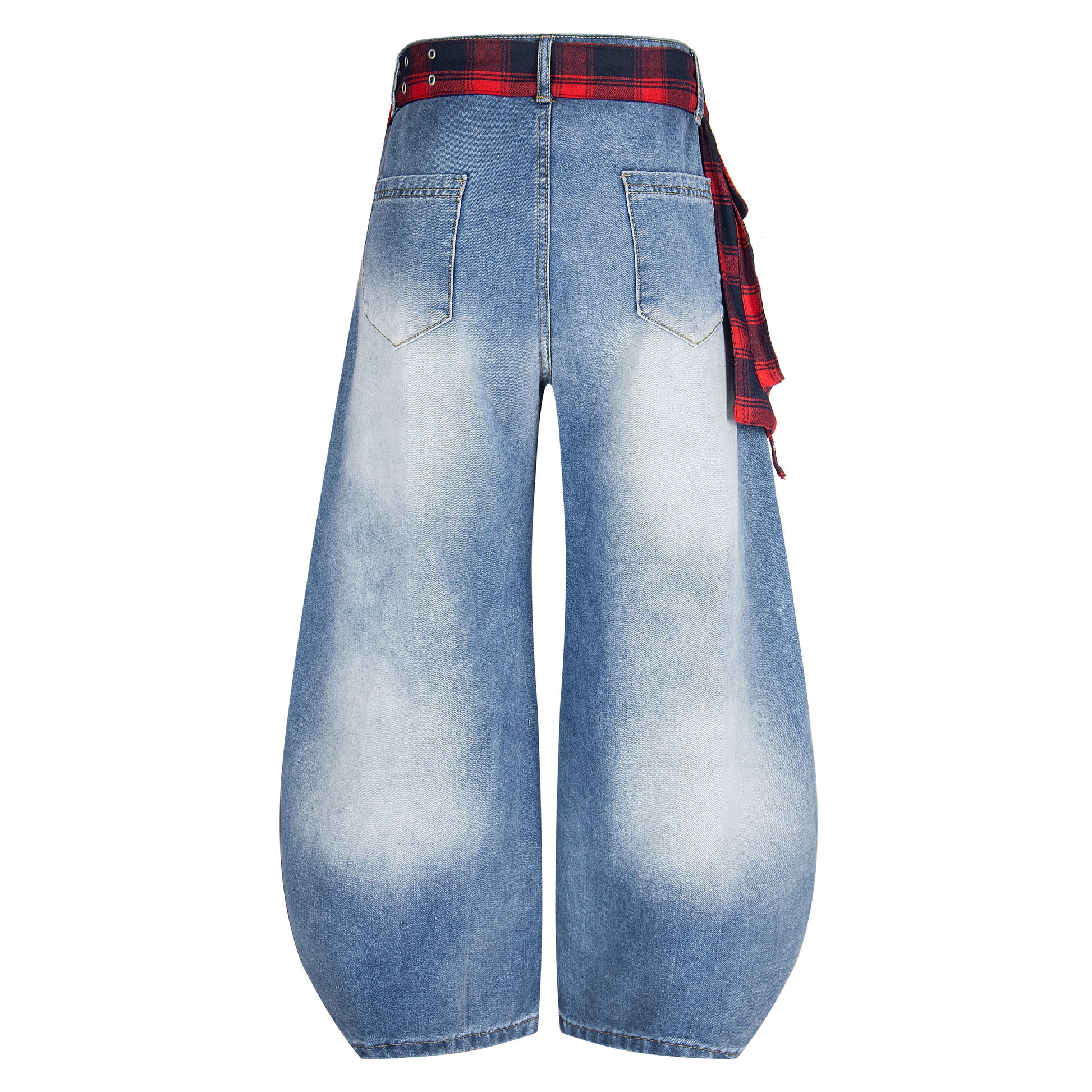 Plaid Reign | Wide-Leg Denim Trousers with Flannel Accent - Santo 