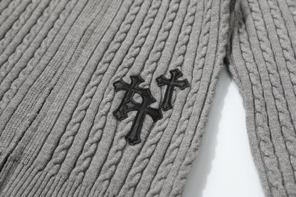 Fuzzy Pup | Striped Knit Cardigan with Dog Embroidery