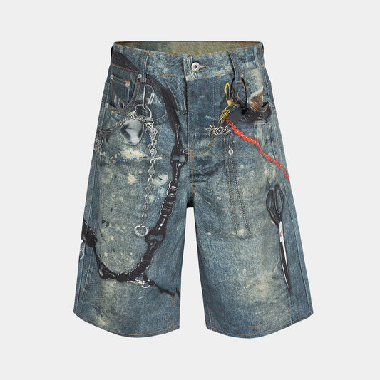Distressed Keychain Print | Denim Shorts - Santo 