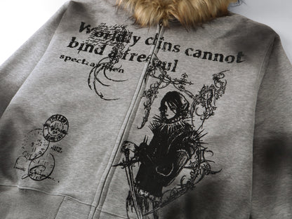 Gothic Distressed Print | Zip-Up Hoodie - Santo 