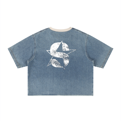 Unisex Vintage Wash Boxy Raw Hem Denim T-Shirt