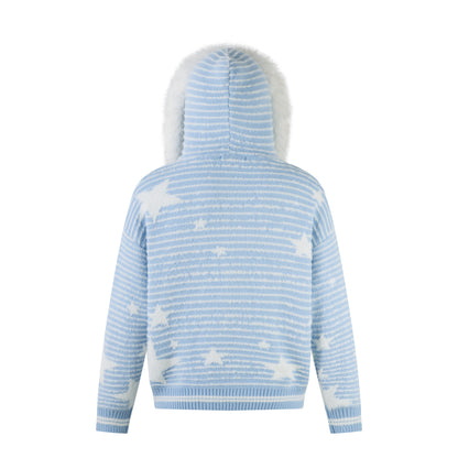 Winter Sky | Knitted Hoodie with Faux Fur Trim