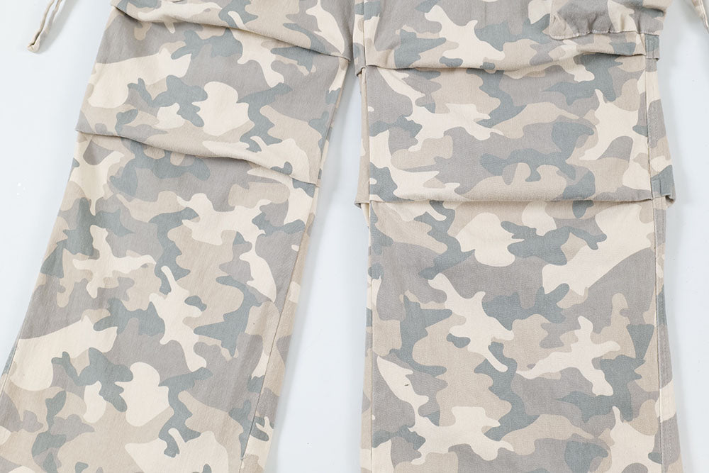 Pantalon cargo plissé à cordon de serrage camouflage