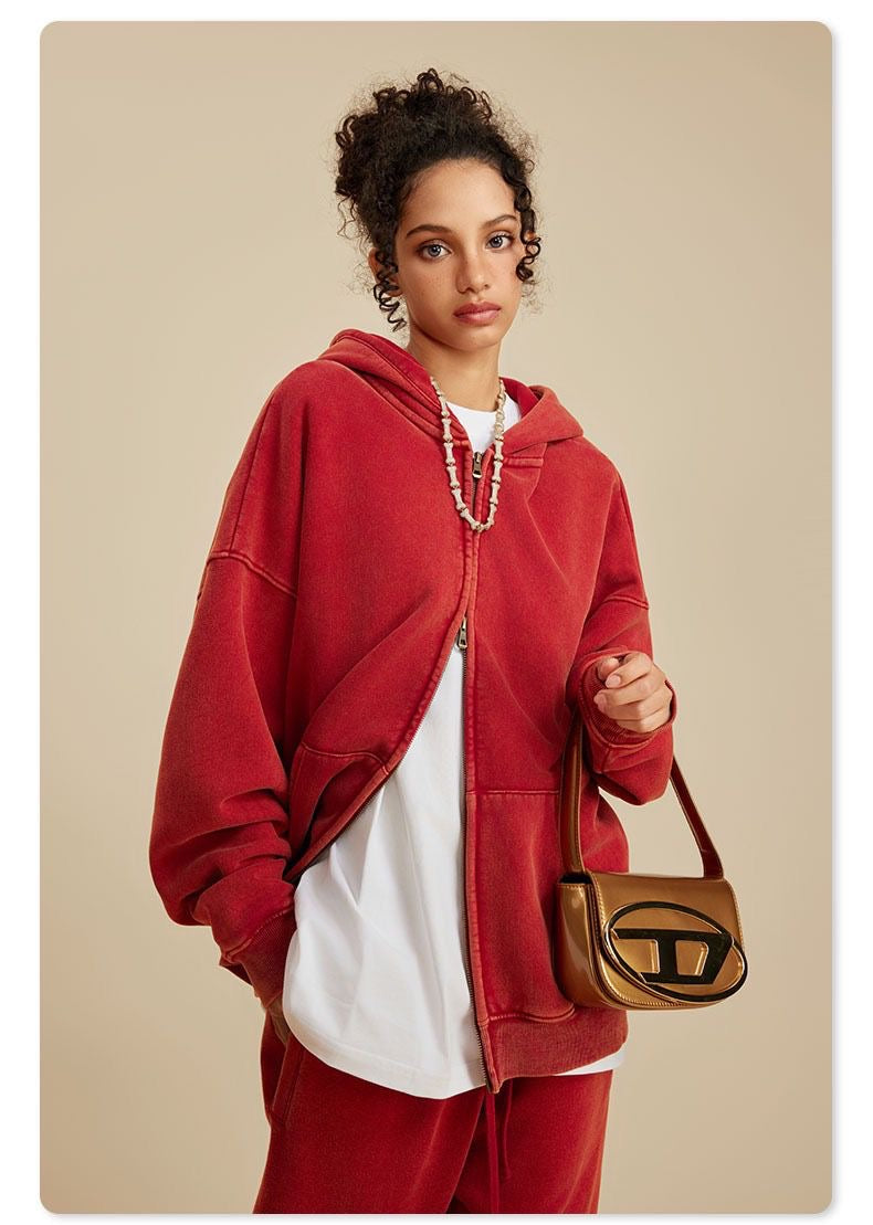 Retro Essence | Washed Oversized Zip-Up Hoodie