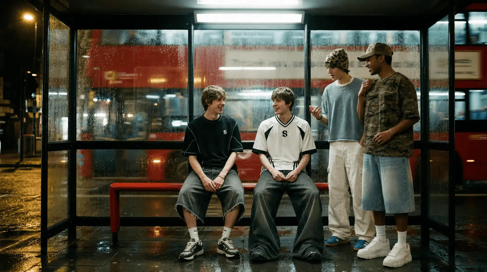 Four people wearing SANTO GLFS graphic tees at a London bus stop at night