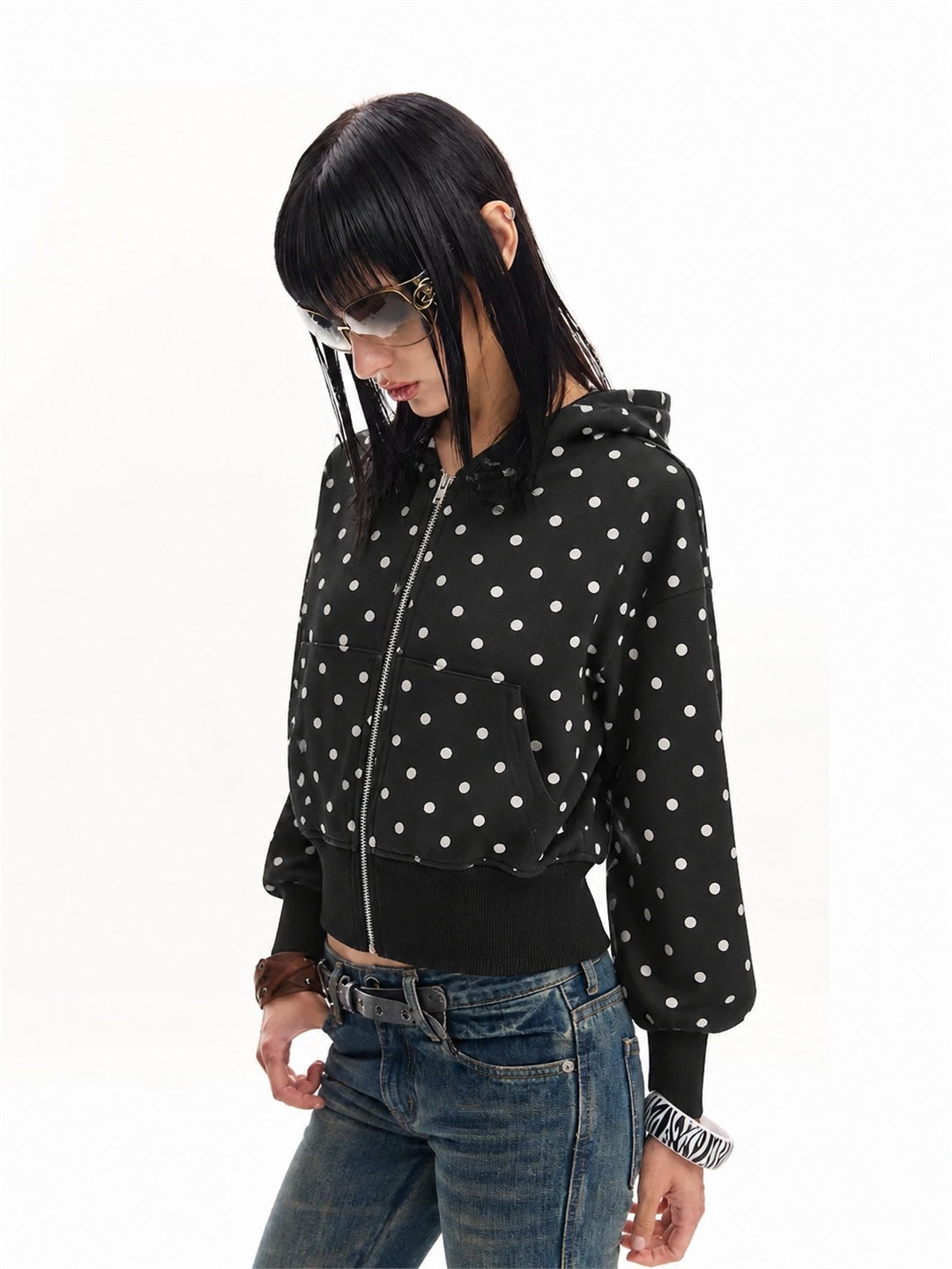 Cropped Star Polka Dot Print Zip Up Hoodie model image