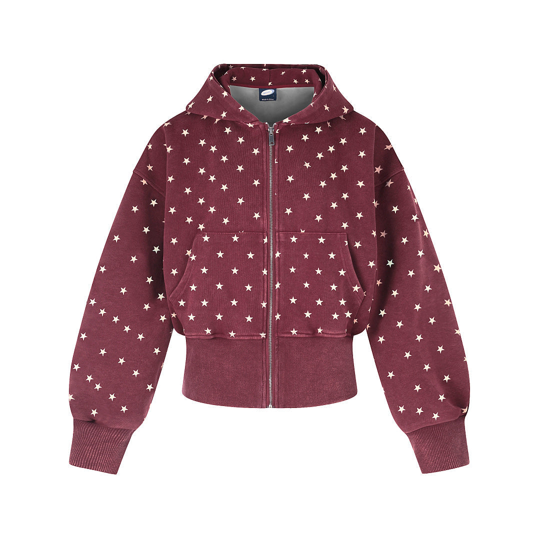 Cropped Star Polka Dot Print Zip Up Hoodie Red product image