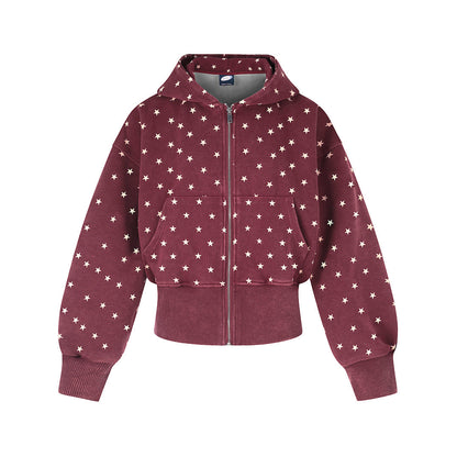 Cropped Star Polka Dot Print Zip Up Hoodie Red product image