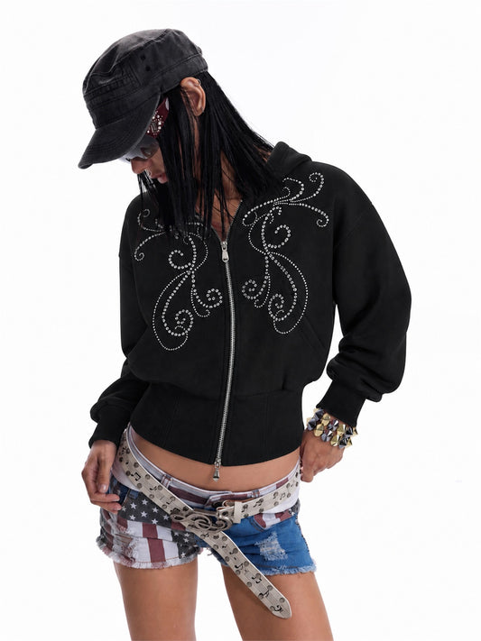 Cropped Rhinestone Scroll Zip Up Hoodie model image