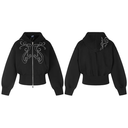 Cropped Rhinestone Scroll Zip Up Hoodie Black product image