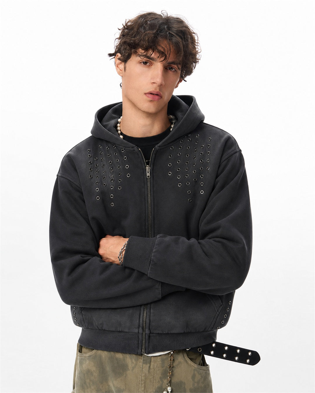 Washed Eyelet Cross Zip Up Hoodie model image