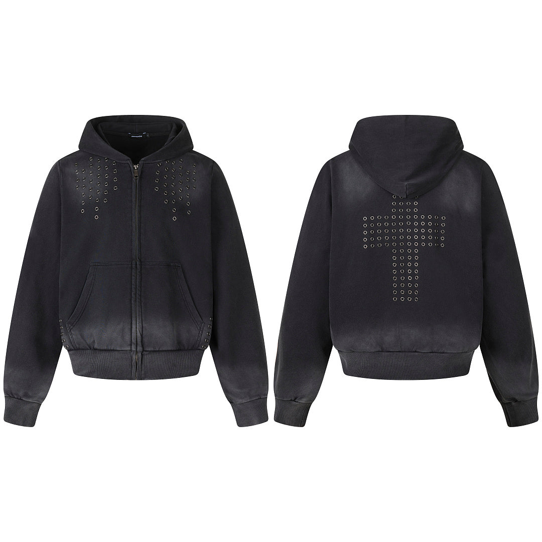 Washed Eyelet Cross Zip Up Hoodie Wash Black product image