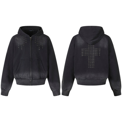 Washed Eyelet Cross Zip Up Hoodie Wash Black product image