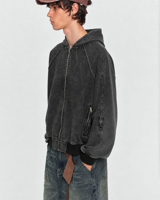 Boxy Washed Panel Zip Up Hoodie model image