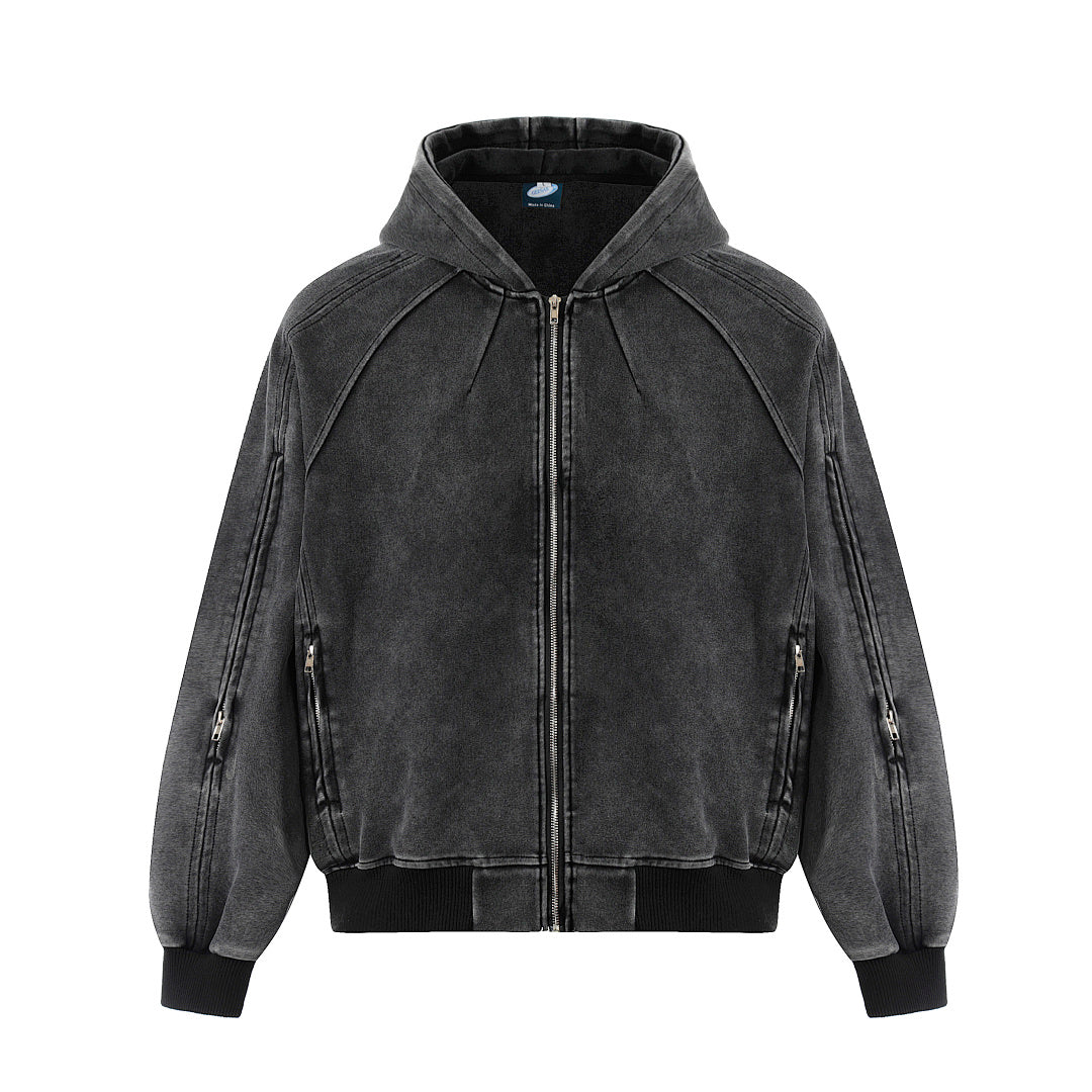 Boxy Washed Panel Zip Up Hoodie Black product image