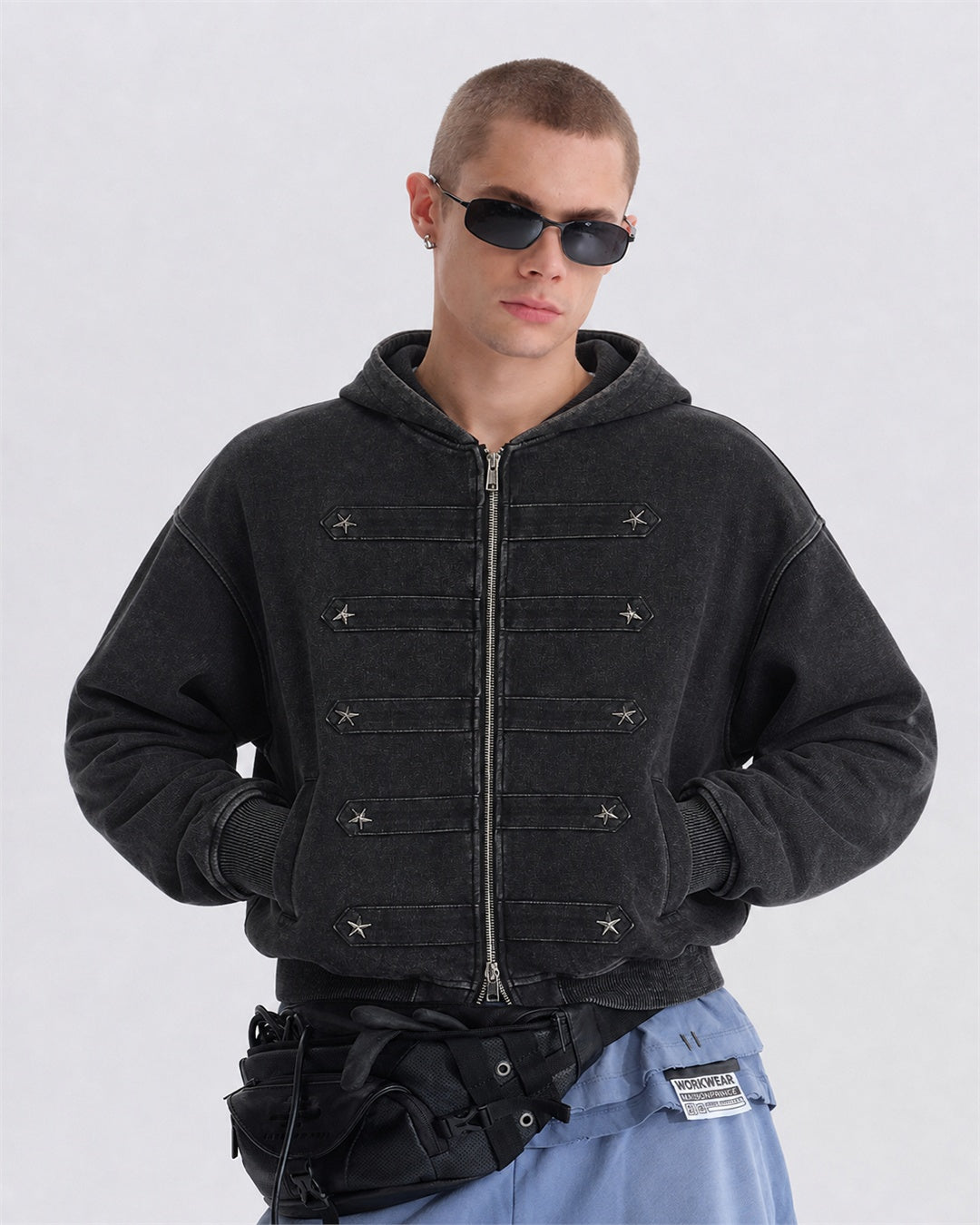 Washed Napoleon Panel Zip Up Hoodie model image