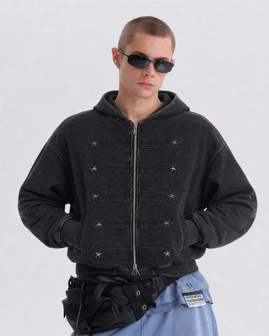 Washed Napoleon Panel Zip Up Hoodie model image