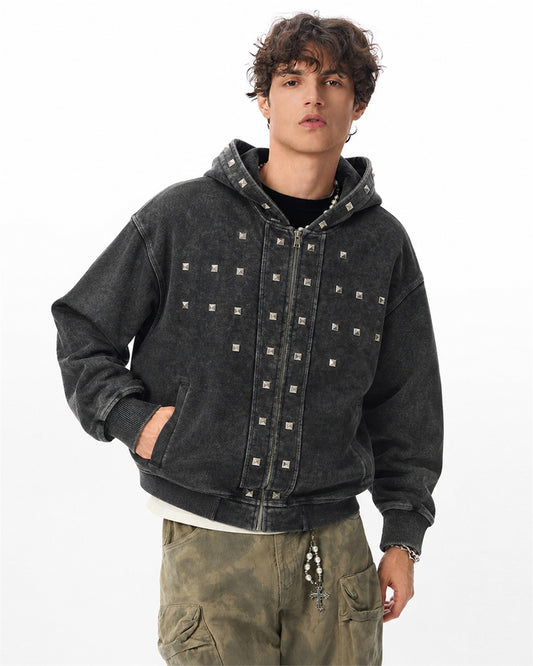Washed Studded Panel Zip Up Hoodie model image