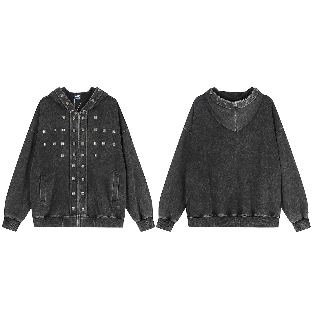Washed Studded Panel Zip Up Hoodie Black product image