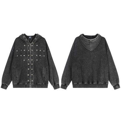 Washed Studded Panel Zip Up Hoodie Black product image