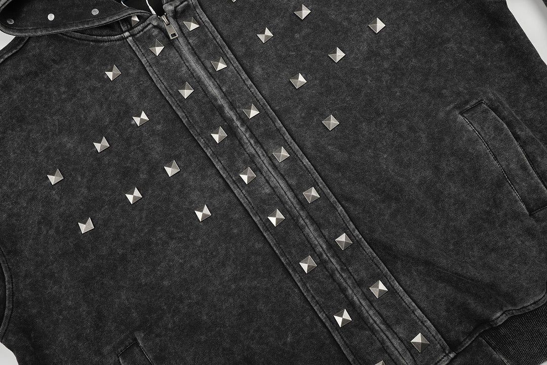 Washed Studded Panel Zip Up Hoodie detail image 4
