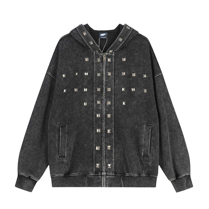 Washed Studded Panel Zip Up Hoodie detail image 8