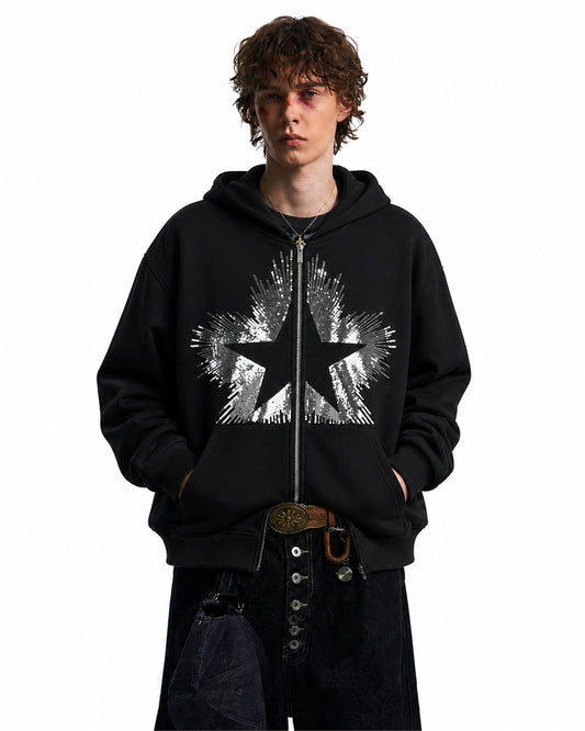 Sequin Star Burst Zip Up Hoodie model image