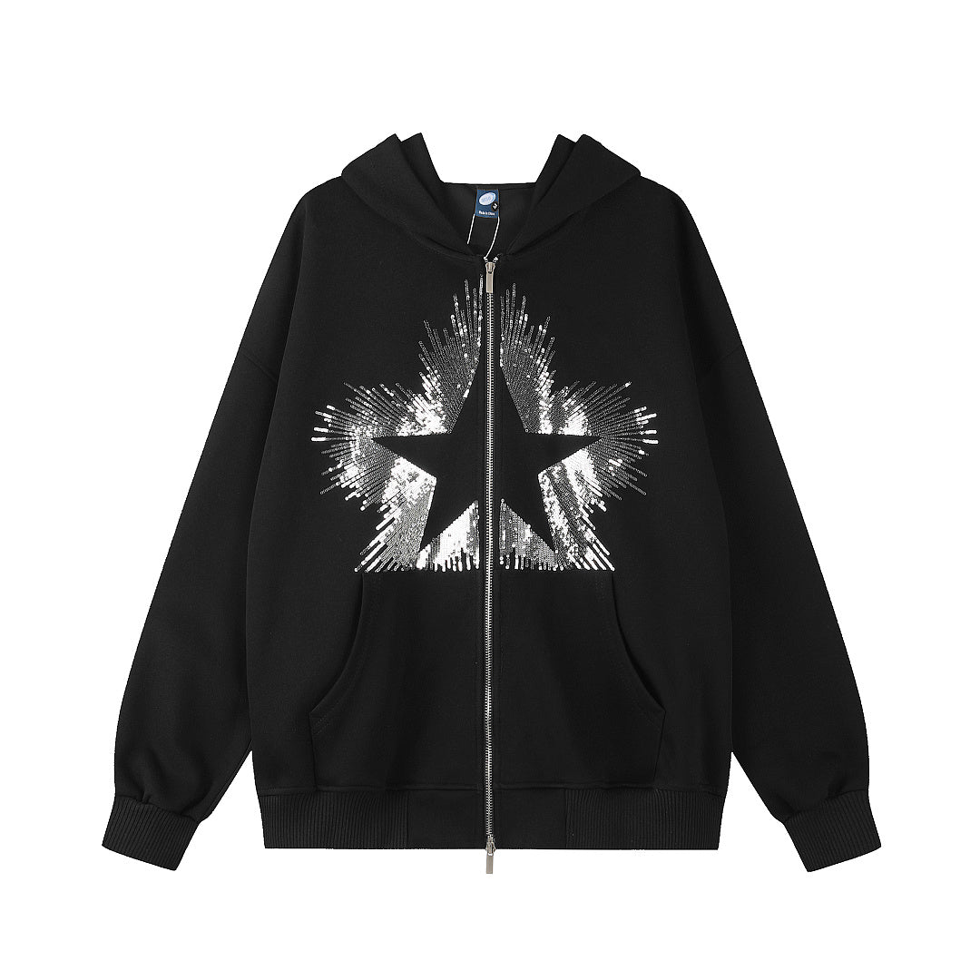 Sequin Star Burst Zip Up Hoodie Black product image