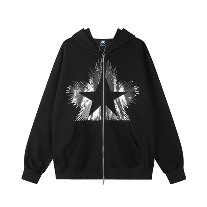 Sequin Star Burst Zip Up Hoodie Black product image